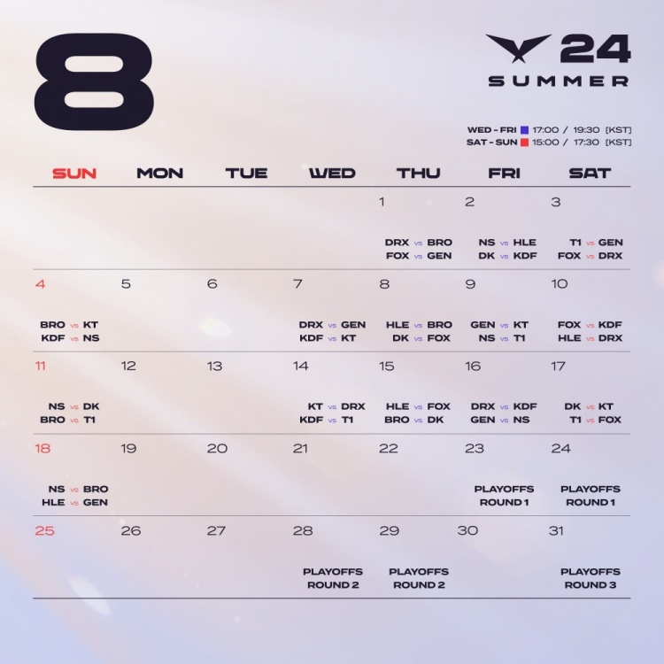 LCK2024夏季赛赛程时间表一览